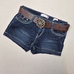 No Boundaries NOBO Women's Embroidered Blue Jeans Shorts w/Leather Belt Sz 9